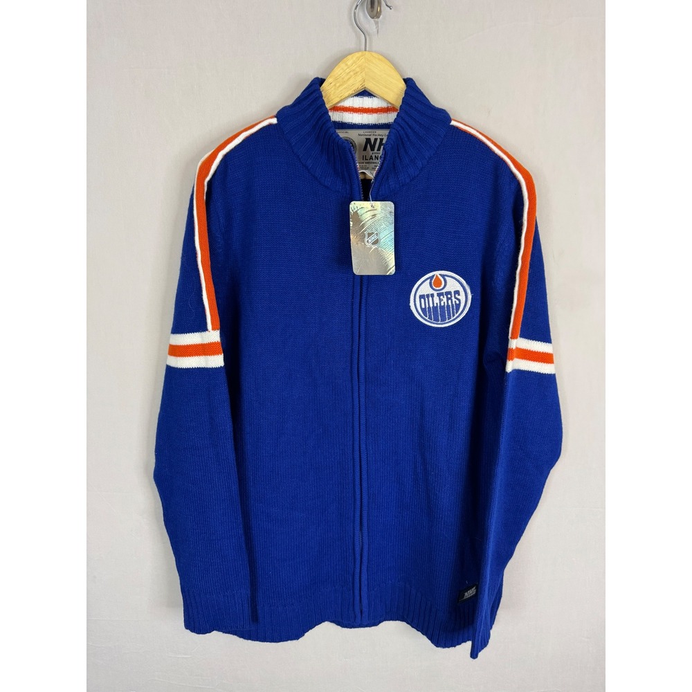 NHL Ilanco Edmonton Oilers Full Zip Knit Sweater Blue Orange Mens Large Vintage